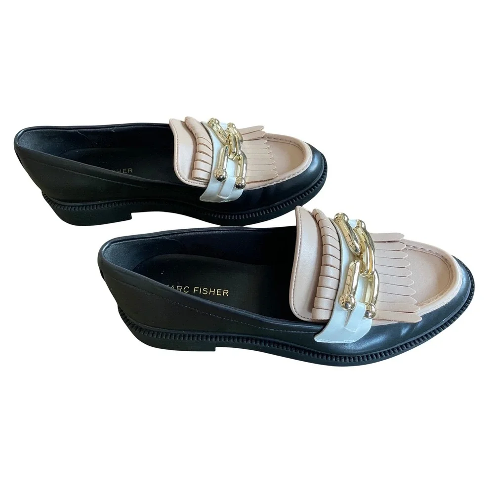 Marc Fisher Calisto Tri-Tone Kiltie Chain Loafers Black Beige White 7.5M
